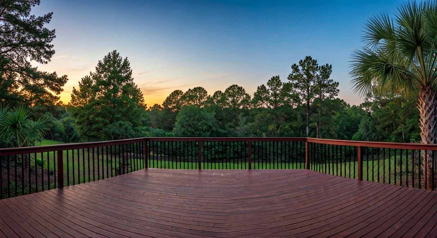 Backyard deck with sunset view