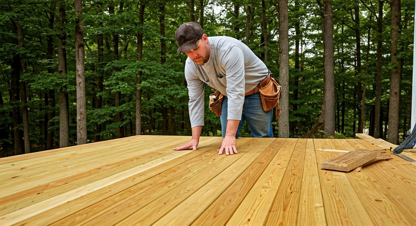 Builder inspecting backyard deck